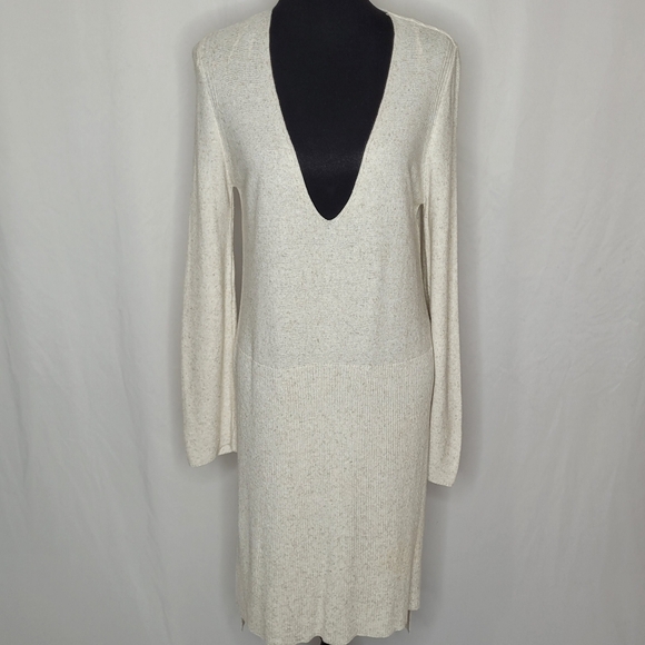 Zara Knit Long Sleeve Plunging V-neck Side Slit Sweater Dress in Oatmeal - Sz M - Picture 1 of 10